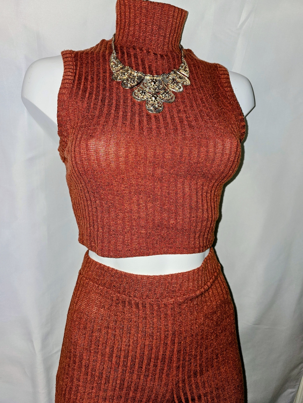 Fashion Nova Rust Ribbed Sleeveless Turtleneck Crop Top & Capri Set